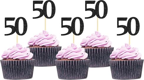 Sotpot 30 Pack Happy 50th Cupcake Toppers 50 Birthday Cake Decorations for 50th Birthday Wedding Anniversary Party Supplies Black Glitter in Saudi Arabia