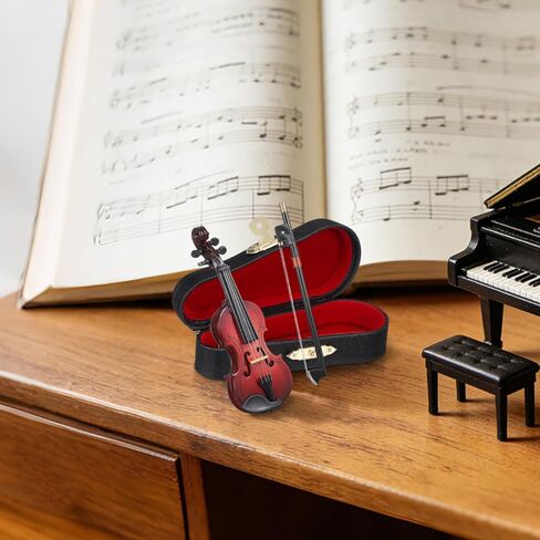 NUOBESTY Miniature Wood Violin Ornament with Rack Bow 3.54 Inch Tiny Violin Model for Dollhouse Decor and Photo Prop in Saudi Arabia