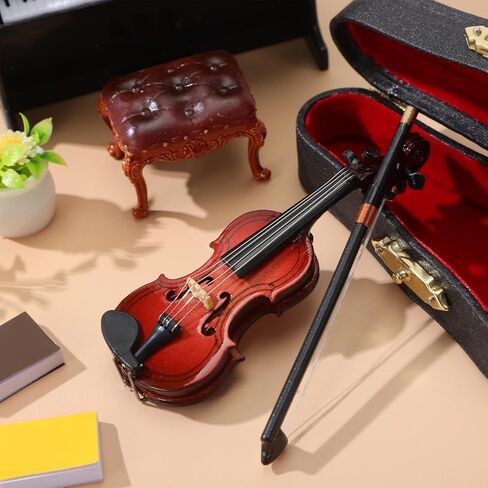 NUOBESTY Miniature Wood Violin Ornament with Rack Bow 3.54 Inch Tiny Violin Model for Dollhouse Decor and Photo Prop in Saudi Arabia