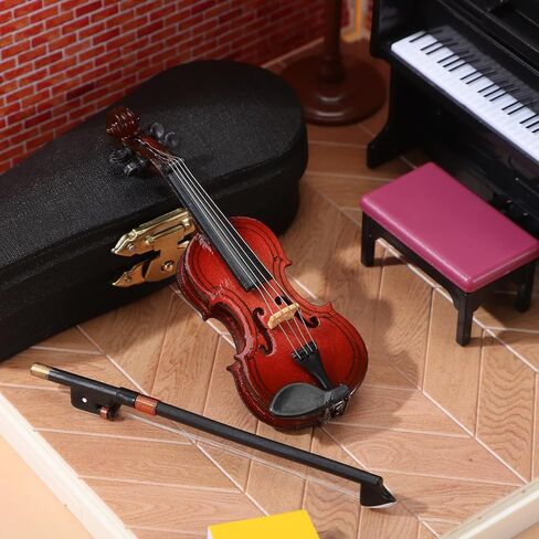 NUOBESTY Miniature Wood Violin Ornament with Rack Bow 3.54 Inch Tiny Violin Model for Dollhouse Decor and Photo Prop in Saudi Arabia