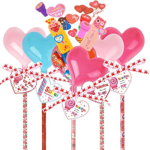 مجموعة قرطاسية مصاصة عملاقة لعيد الحب مكونة من 24 قطعة - هدايا تبادل الفصول الدراسية للأطفال مع ممحاة قلم رصاص ومسطرة ومبراة على شكل قلب، هدايا لحفلات المعلمين in Kuwait