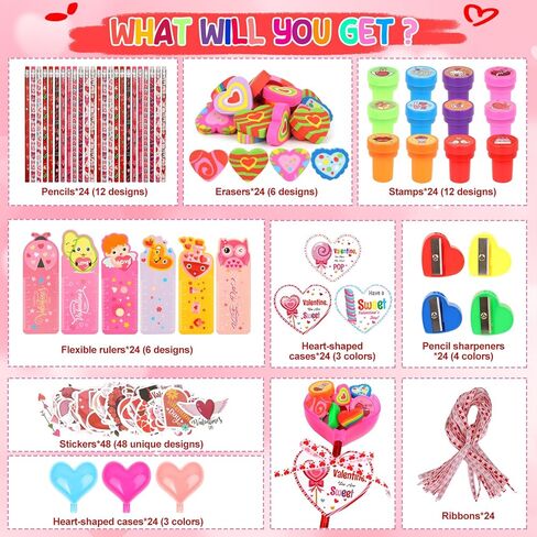مجموعة قرطاسية مصاصة عملاقة لعيد الحب مكونة من 24 قطعة - هدايا تبادل الفصول الدراسية للأطفال مع ممحاة قلم رصاص ومسطرة ومبراة على شكل قلب، هدايا لحفلات المعلمين in Kuwait
