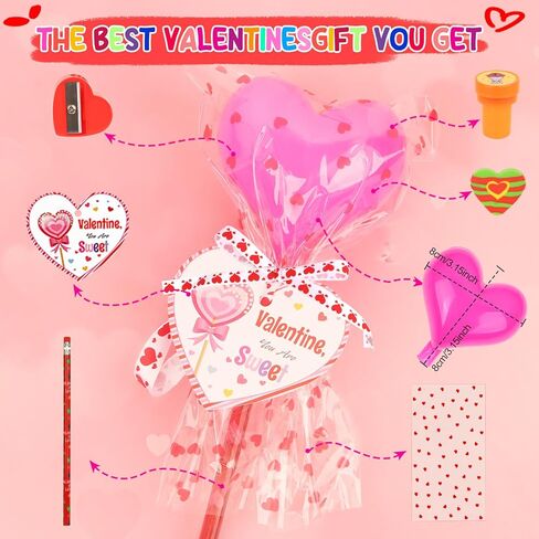 مجموعة قرطاسية مصاصة عملاقة لعيد الحب مكونة من 24 قطعة - هدايا تبادل الفصول الدراسية للأطفال مع ممحاة قلم رصاص ومسطرة ومبراة على شكل قلب، هدايا لحفلات المعلمين in Kuwait