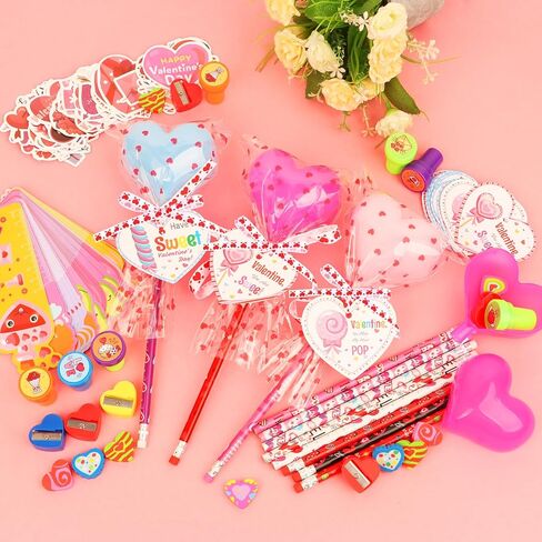 مجموعة قرطاسية مصاصة عملاقة لعيد الحب مكونة من 24 قطعة - هدايا تبادل الفصول الدراسية للأطفال مع ممحاة قلم رصاص ومسطرة ومبراة على شكل قلب، هدايا لحفلات المعلمين in Kuwait