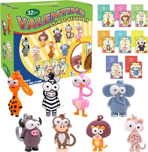 32 Packs Valentine's Day Greeting Gift Card with Animal Keychains for Kids Party Favor, Classroom Exchange Prizes for Toddlers Girls Boys School Class Classroom Party Favors in Kuwait