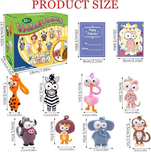 32 Packs Valentine's Day Greeting Gift Card with Animal Keychains for Kids Party Favor, Classroom Exchange Prizes for Toddlers Girls Boys School Class Classroom Party Favors in Kuwait