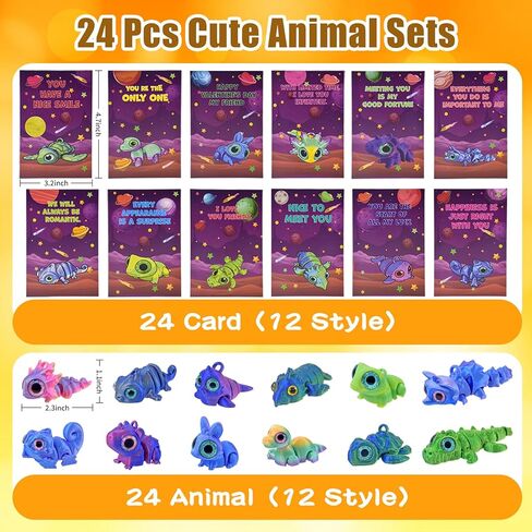 Pinkcow Valentines Day Gifts for Kids Classroom - Mini 3D Printed Animals Figurines Toy Cards Set with Valentines Cards for Toddler Class School Exchange Gift - Valentines Kids Party Favors - 24 Pack in Saudi Arabia
