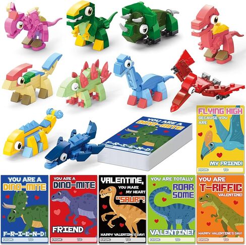 Valentines Day Cards for Kids School - 30 PACK Dinosaur Building Block Valentines with Dinosaur Valentine Day Cards for Kids Classroom, Class Valentine's Gifts for Boys & Girls Ages 3–12, 120 PCS in Saudi Arabia