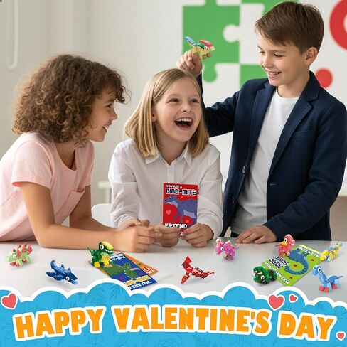 Valentines Day Cards for Kids School - 30 PACK Dinosaur Building Block Valentines with Dinosaur Valentine Day Cards for Kids Classroom, Class Valentine's Gifts for Boys & Girls Ages 3–12, 120 PCS in Saudi Arabia