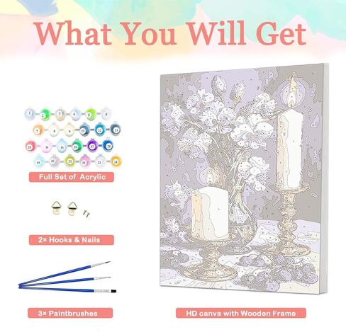 مجموعة طلاء شموع من أوريمي مع إطار، طلاء زهور DIY حسب الأرقام للبالغين، أكريليك سهل على القماش مع فرش للديكور 20 × 30 سم in Saudi Arabia