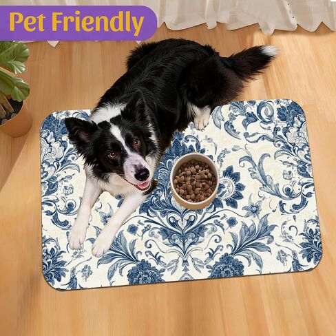 Vintage Mushroom Flower Pet Feeding Mat, Absorbent Dog Cat Bowl Pad, Fast Dry, Waterproof Rubber Back – 16x24 Inch in Saudi Arabia