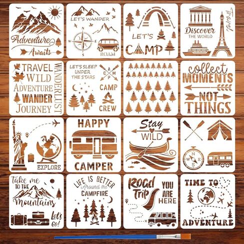 FINGERINSPIRE 16PCS Travel Theme Stencils for Painting with Brush 11.8x11.8inch Mountains Trees Compass Temple Template Tent Campfire Airplane Suitcase Stencil Maple Leaf Moon Star Boat Fish Template in Saudi Arabia