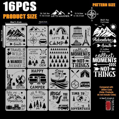 FINGERINSPIRE 16PCS Travel Theme Stencils for Painting with Brush 11.8x11.8inch Mountains Trees Compass Temple Template Tent Campfire Airplane Suitcase Stencil Maple Leaf Moon Star Boat Fish Template in Saudi Arabia