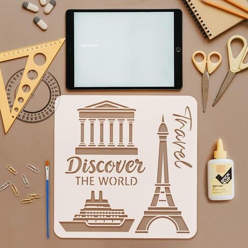 FINGERINSPIRE 16PCS Travel Theme Stencils for Painting with Brush 11.8x11.8inch Mountains Trees Compass Temple Template Tent Campfire Airplane Suitcase Stencil Maple Leaf Moon Star Boat Fish Template in Saudi Arabia