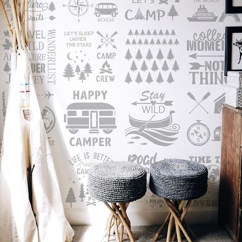 FINGERINSPIRE 16PCS Travel Theme Stencils for Painting with Brush 11.8x11.8inch Mountains Trees Compass Temple Template Tent Campfire Airplane Suitcase Stencil Maple Leaf Moon Star Boat Fish Template in Saudi Arabia