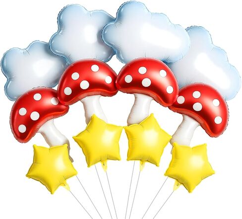 Sumind 12 Pcs Cloud Mushroom Star Balloons Kit White Red Yellow Foil Balloons for Cartoon Video Game Theme Christmas Birthday Party Baby Shower Decoration Supplies in Saudi Arabia