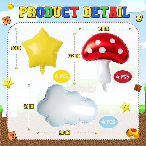 Sumind 12 Pcs Cloud Mushroom Star Balloons Kit White Red Yellow Foil Balloons for Cartoon Video Game Theme Christmas Birthday Party Baby Shower Decoration Supplies in Saudi Arabia