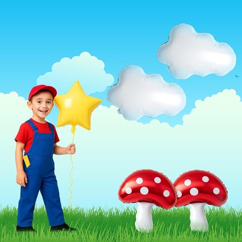 Sumind 12 Pcs Cloud Mushroom Star Balloons Kit White Red Yellow Foil Balloons for Cartoon Video Game Theme Christmas Birthday Party Baby Shower Decoration Supplies in Saudi Arabia