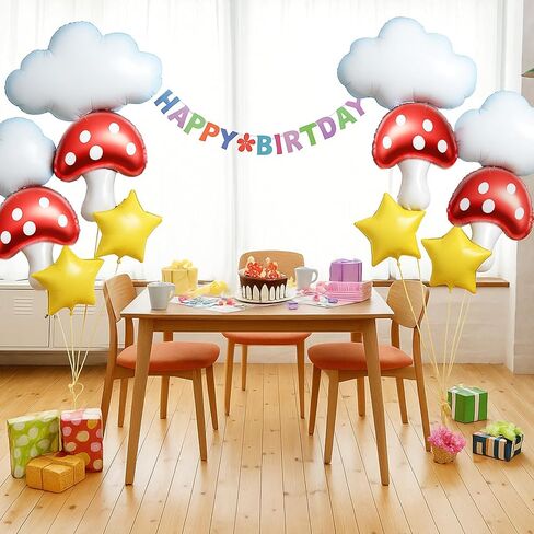 Sumind 12 Pcs Cloud Mushroom Star Balloons Kit White Red Yellow Foil Balloons for Cartoon Video Game Theme Christmas Birthday Party Baby Shower Decoration Supplies in Saudi Arabia