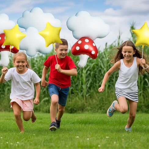 Sumind 12 Pcs Cloud Mushroom Star Balloons Kit White Red Yellow Foil Balloons for Cartoon Video Game Theme Christmas Birthday Party Baby Shower Decoration Supplies in Saudi Arabia