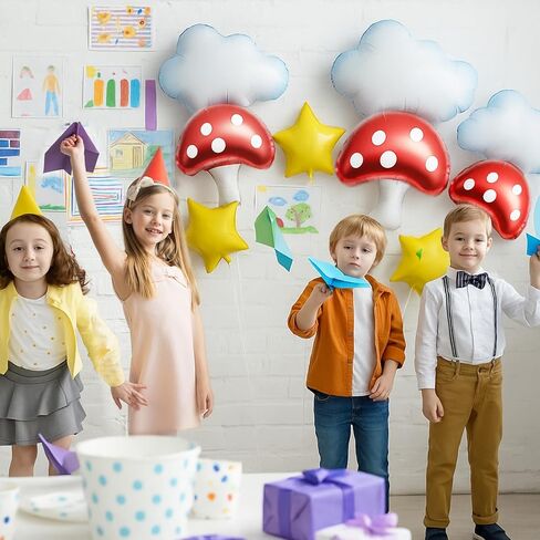 Sumind 12 Pcs Cloud Mushroom Star Balloons Kit White Red Yellow Foil Balloons for Cartoon Video Game Theme Christmas Birthday Party Baby Shower Decoration Supplies in Saudi Arabia