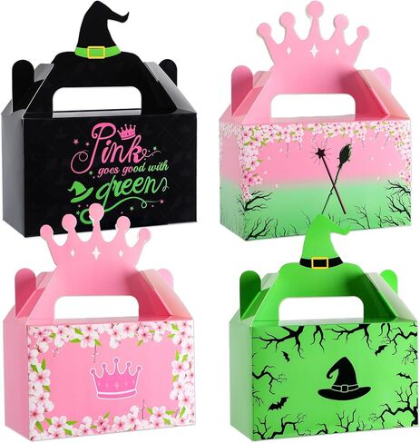 24Pcs Witch Musical Party Favor Boxes Green Pink Themed Treat Boxes Witch Hat Candy Goodie Box Halloween Crown Paper Gift Box with Handle for Girl Movie Birthday Party Decorations Supplies in Saudi Arabia