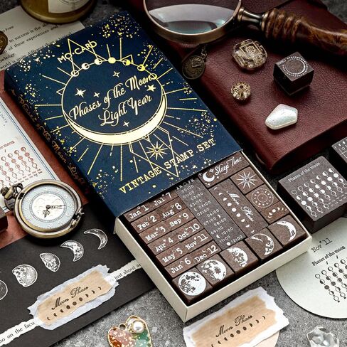 Alideco 29pcs Vintage Moon Phase Perpetual Calendar Month Day Stamp DIY Decorative Prints Stamps Set for Journaling Crafts Card Making Painting Teaching（yuexiangguangnian in Saudi Arabia