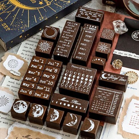 Alideco 29pcs Vintage Moon Phase Perpetual Calendar Month Day Stamp DIY Decorative Prints Stamps Set for Journaling Crafts Card Making Painting Teaching（yuexiangguangnian in Saudi Arabia