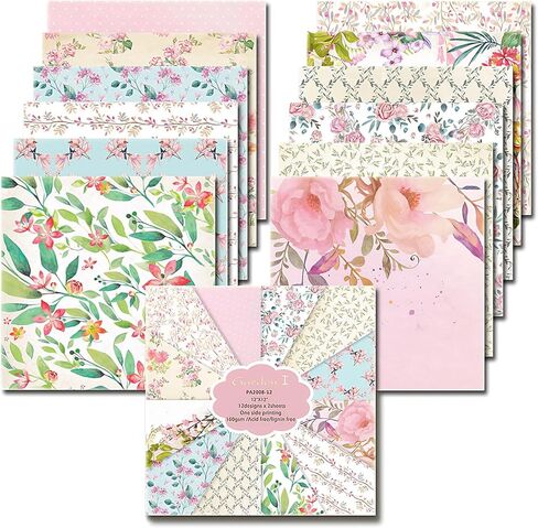 Scrapbooking Paper 12x12inch, 24 Sheets Single Sided Vintage Floral Pattern Paper, 12 Designs Collection Decorative Craft for Card Making Scrapbook DIY Card Making Photo Album (Pink, 12''12) in Saudi Arabia