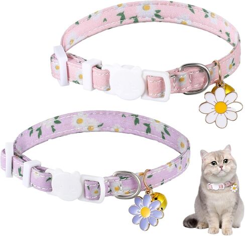 2 PCS Cat Collar with Bell Flower Pendant, Cotton Breakaway Cat Collar Cute Kitten Collars Safety Adjustable Kitten Collars Cats Accessories for Girl Boy Cats in Kuwait