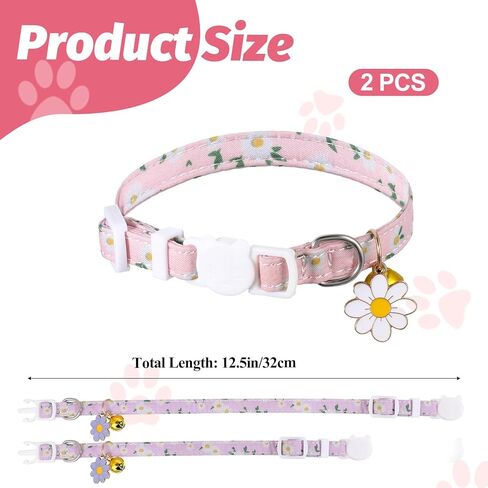 2 PCS Cat Collar with Bell Flower Pendant, Cotton Breakaway Cat Collar Cute Kitten Collars Safety Adjustable Kitten Collars Cats Accessories for Girl Boy Cats in Kuwait