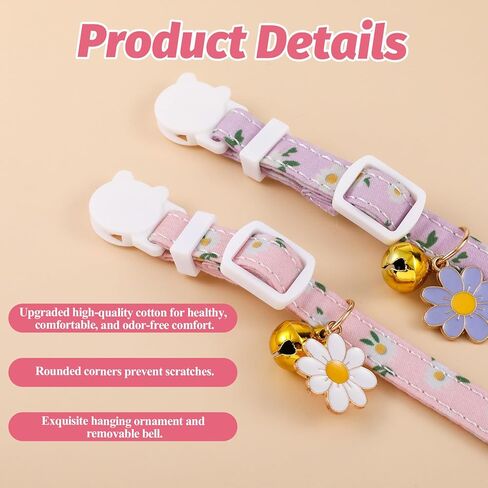 2 PCS Cat Collar with Bell Flower Pendant, Cotton Breakaway Cat Collar Cute Kitten Collars Safety Adjustable Kitten Collars Cats Accessories for Girl Boy Cats in Kuwait