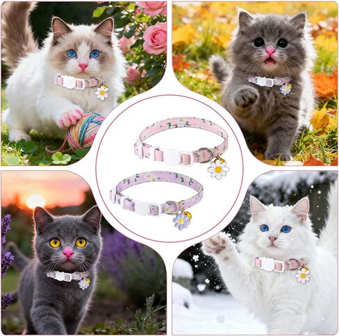 2 PCS Cat Collar with Bell Flower Pendant, Cotton Breakaway Cat Collar Cute Kitten Collars Safety Adjustable Kitten Collars Cats Accessories for Girl Boy Cats in Kuwait