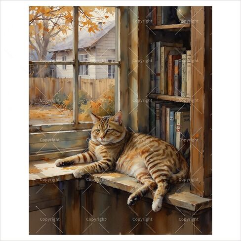 Cozy Cat Paint by Numbers Kit for Adults - DIY Tabby Cat on Window Seat Painting on Canvas 16x20In, Frameless Acrylic Paint Set, Suitable for Beginners, Art for Library or Book Lover Gifts in Saudi Arabia