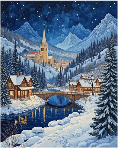 EnLvYY Adult Paint by Numbers Kit 16x20 Inch, DIY Acrylic Winter Landscape Snow Village with Church, Unframed Canvas Painting for Beginners, Stress Relief Wall Decor Art, Gift for Adult in Kuwait