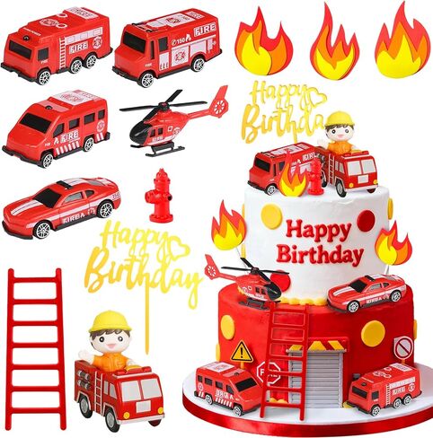 12Pcs Firetruck Cake Topper Firetruck Cake Decorations for Baby Shower Party Supplies in Saudi Arabia