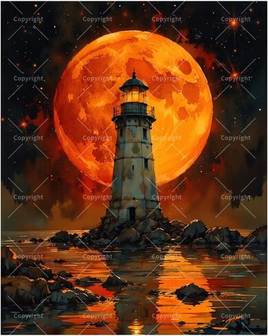 TAOPAOLAB Red Moon Paint by Numbers Kit for Adults - DIY Lighthouse and Glowing Moon Painting on Canvas 16x20 Inches, Acrylic Paint Set, Suitable for Beginners, Ocean Art for Home Decoration or Gifts in Saudi Arabia