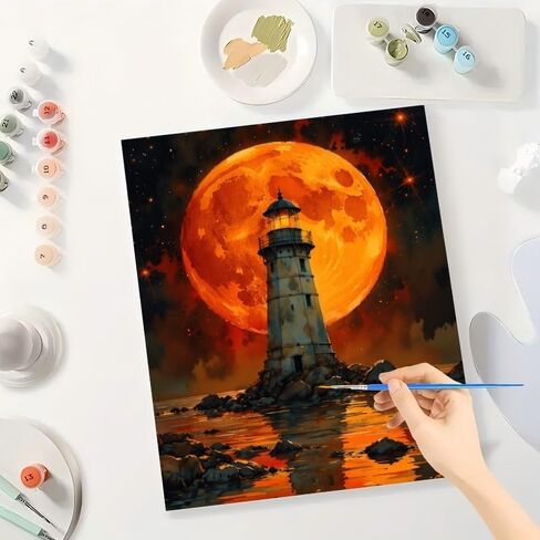 TAOPAOLAB Red Moon Paint by Numbers Kit for Adults - DIY Lighthouse and Glowing Moon Painting on Canvas 16x20 Inches, Acrylic Paint Set, Suitable for Beginners, Ocean Art for Home Decoration or Gifts in Saudi Arabia