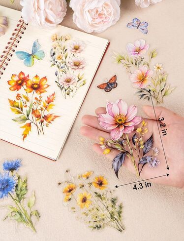 160Pcs Scrapbook Flower Butterfly Stickers, Big 4.7" Watercolor Butterfly Floral Stickers Bulk, Waterproof Clear Sticker for Scrapbooking, Laptop Decals, Junk Journal Supplies, DIY Paper Crafts in Saudi Arabia