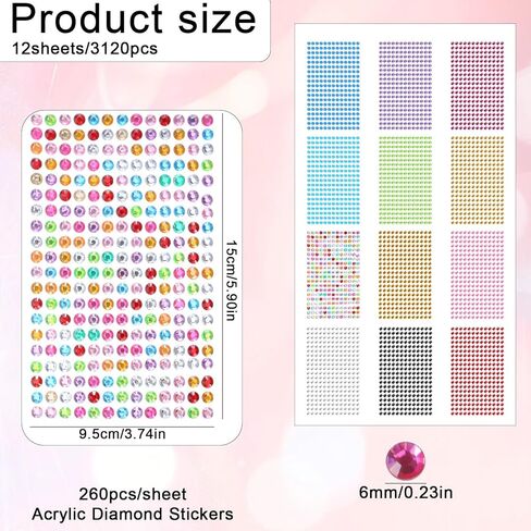 3120 PCS Rhinestone Stickers 6mm Self-Adhesive Gem Stickers Colorful Bedazzled Jewels Crystal Embellishment Diamond Decorations for Crafts DIY Card Making Scrapbooking(12 Sheets) in Saudi Arabia