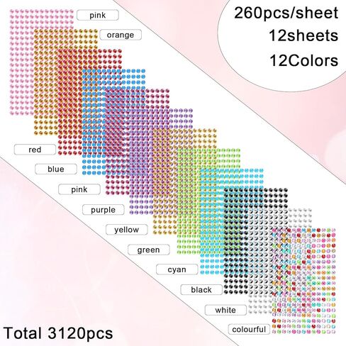 3120 PCS Rhinestone Stickers 6mm Self-Adhesive Gem Stickers Colorful Bedazzled Jewels Crystal Embellishment Diamond Decorations for Crafts DIY Card Making Scrapbooking(12 Sheets) in Saudi Arabia