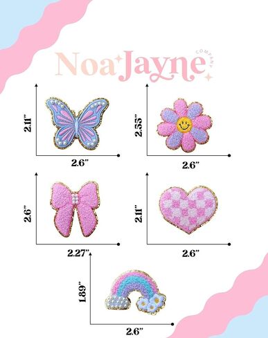 Noa Jayne Co. Chenille & Embroidered Iron-On Patches with Pearls – Rainbow, Butterfly, Bow, Checkered Heart & Smile Flower – Cute Aesthetic Appliqué for Jackets, Backpacks, Jeans & DIY Crafts in Saudi Arabia