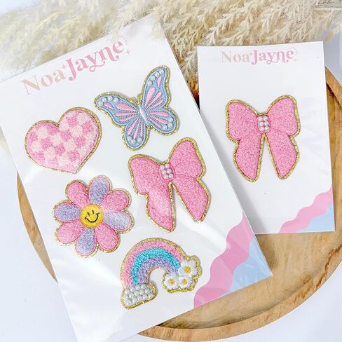 Noa Jayne Co. Chenille & Embroidered Iron-On Patches with Pearls – Rainbow, Butterfly, Bow, Checkered Heart & Smile Flower – Cute Aesthetic Appliqué for Jackets, Backpacks, Jeans & DIY Crafts in Saudi Arabia