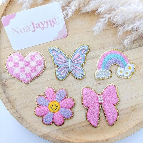 Noa Jayne Co. Chenille & Embroidered Iron-On Patches with Pearls – Rainbow, Butterfly, Bow, Checkered Heart & Smile Flower – Cute Aesthetic Appliqué for Jackets, Backpacks, Jeans & DIY Crafts in Saudi Arabia