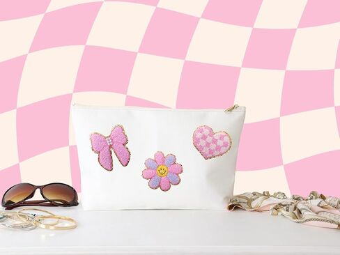 Noa Jayne Co. Chenille & Embroidered Iron-On Patches with Pearls – Rainbow, Butterfly, Bow, Checkered Heart & Smile Flower – Cute Aesthetic Appliqué for Jackets, Backpacks, Jeans & DIY Crafts in Saudi Arabia