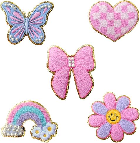 Noa Jayne Co. Chenille & Embroidered Iron-On Patches with Pearls – Rainbow, Butterfly, Bow, Checkered Heart & Smile Flower – Cute Aesthetic Appliqué for Jackets, Backpacks, Jeans & DIY Crafts in Saudi Arabia
