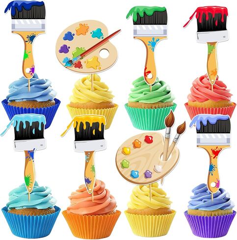 24pcs Art Paint Cupcake Toppers: Paint Brush Cupcake Toppers Art Theme Cake Decorations Artist Birthday Party Favors Supplies in Saudi Arabia