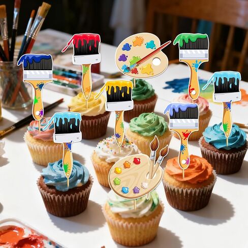 24pcs Art Paint Cupcake Toppers: Paint Brush Cupcake Toppers Art Theme Cake Decorations Artist Birthday Party Favors Supplies in Saudi Arabia