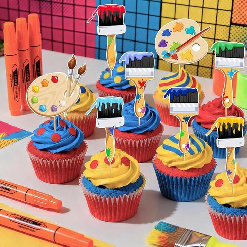 24pcs Art Paint Cupcake Toppers: Paint Brush Cupcake Toppers Art Theme Cake Decorations Artist Birthday Party Favors Supplies in Saudi Arabia