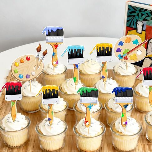 24pcs Art Paint Cupcake Toppers: Paint Brush Cupcake Toppers Art Theme Cake Decorations Artist Birthday Party Favors Supplies in Saudi Arabia
